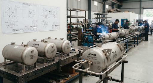 high precision stainless steel pressure tanks and underslung welded railway coach reservoir assemblies in a production facility with technic