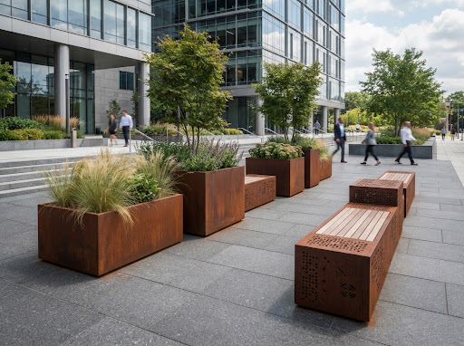 Corten steel planters and urban street furniture in public plaza