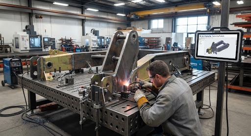 Heavy steel structural boom brackets and thick fabricated chassis components set on a modular welding fixture table inside a precision engin