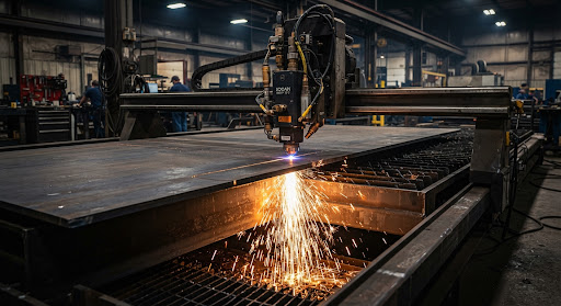 Heavy industrial fiber laser cutting head slicing through a thick carbon steel plate on a massive CNC bed, brilliant amber and golden sparks