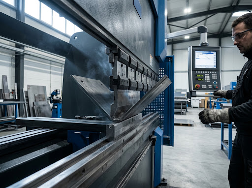 Heavy hydraulic CNC press brake bending a heavy sheet metal bracket with precision tooling