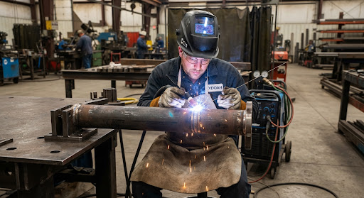 Skilled certified industrial welder equipped with protective headgear, leather apron, and auto-darkening mask performing precise TIG welding