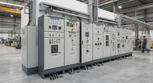 Industrial switchgear cabinets and high voltage metal electrical control enclosure panels standing on factory floor with indicators and wiri