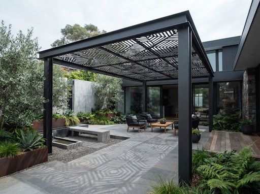 Laser-cut gates, pergolas and staircase railings