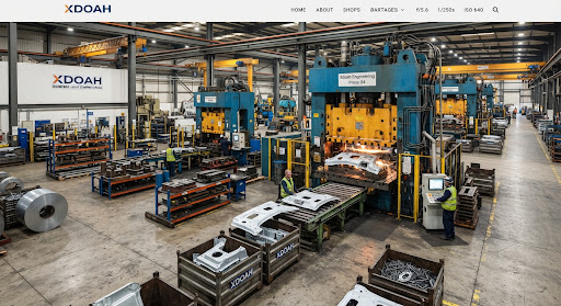 heavy stamping press shop with large mechanical power presses, hydraulic sheet metal forming machinery, tooling dies, and finished pressed s