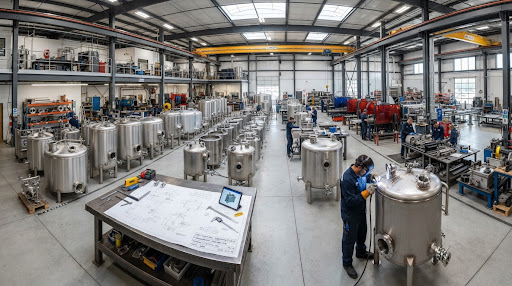 panoramic industrial floor with arrayed precision-fabricated stainless steel and aluminum tanks in a certified production bay with technical
