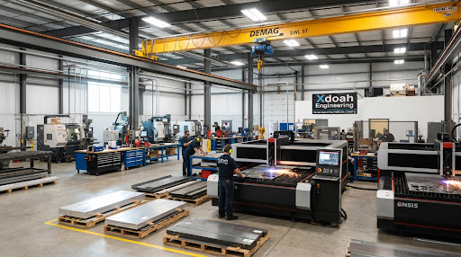 High precision machine shop floor featuring industrial laser cutting machines, yellow Demag overhead crane, and sheet metal staged on pallet