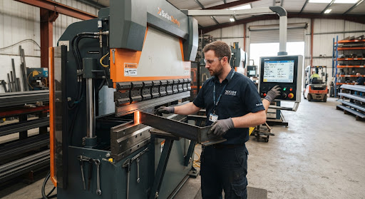 Industrial technician in safety glasses operating a modern high-tonnage hydraulic CNC press brake bending an accurately formed heavy steel b