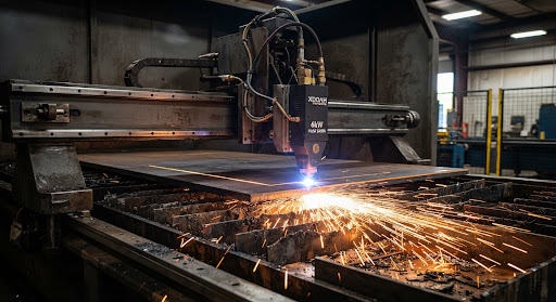 A 6kW CNC fiber laser cutting head slicing into a thick steel plate with brilliant high-intensity orange sparks spraying outward across a he