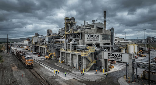 Industrial plant facility exterior of Xdoah Engineering heavy works with concrete monolithic framing, steel conduits, and rail siding under 