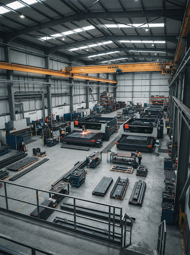 Tall interior photograph of heavy engineering shop floor with CNC machines and overhead crane at Shalapur Khera plant