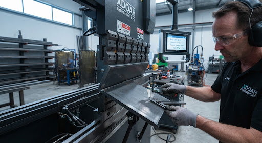 Modern CNC hydraulic press brake tooling forming a precision 90-degree bend into a thick carbon steel plate with an operator inspecting tole
