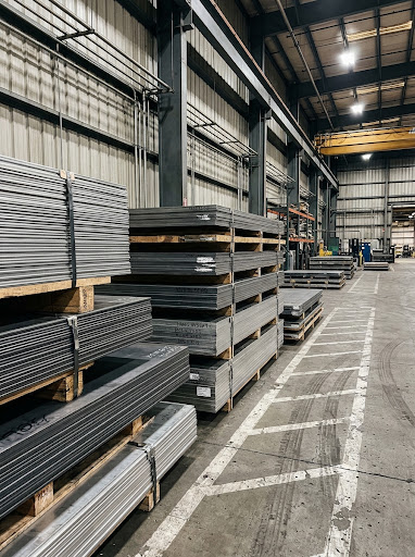 Cold-rolled stainless steel and aluminium raw metal plates neatly organized in heavy warehouse storage bay
