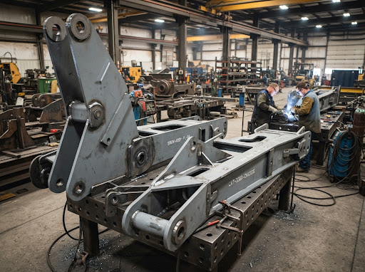 Heavy earthmoving boom and chassis brackets